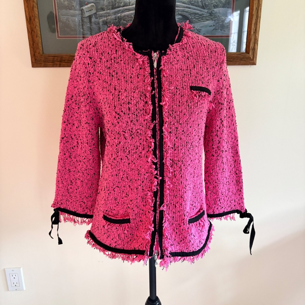 Lauren Hansen Silk Blend Boucle Knit Jacket Womens Large Pink Fringe Zip Up